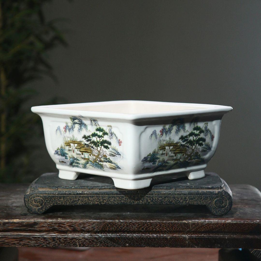 山水図陶器鉢 盆栽鉢 山野草鉢 多肉植物 植木鉢 小品大品盆栽鉢 陶器鉢置物