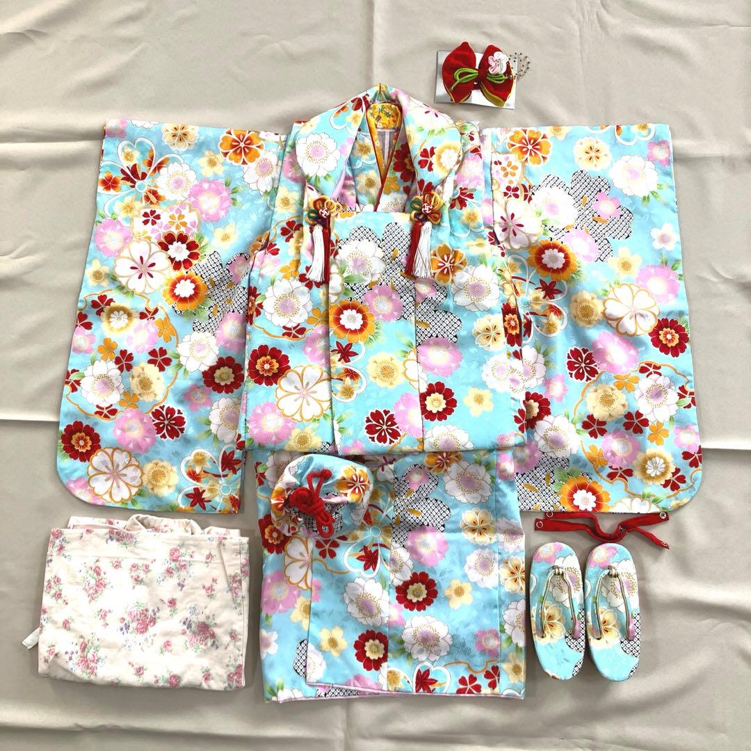 七五三　女の子　3歳着物　水色　フルセット
