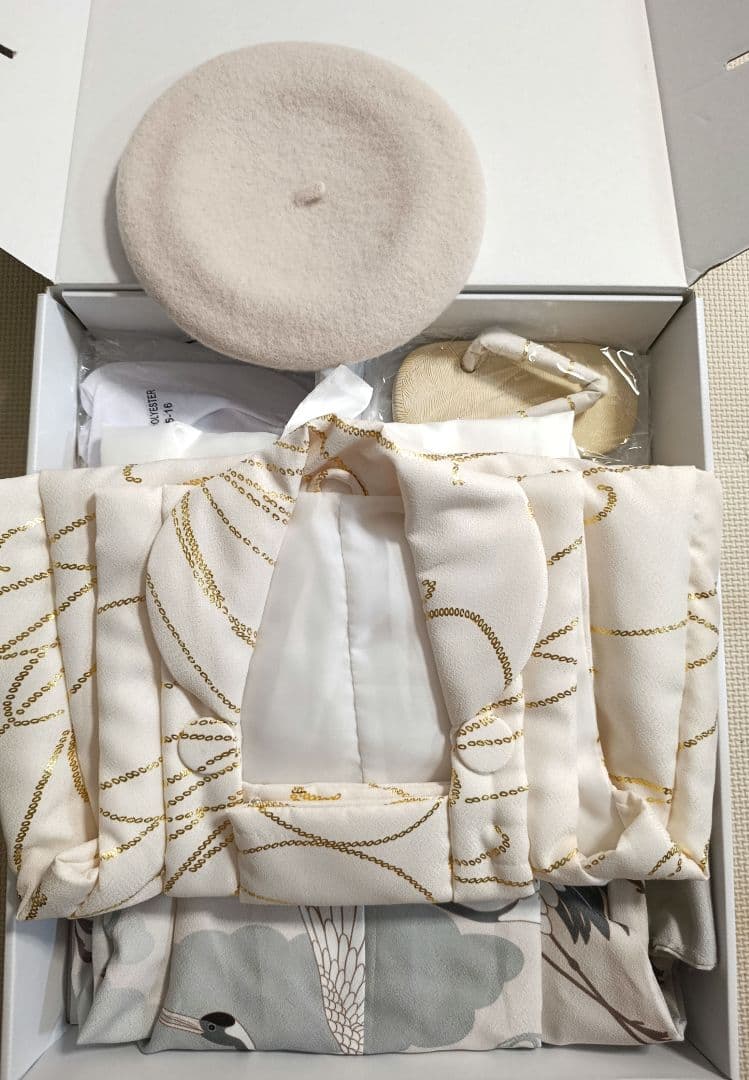 ひよこ商店 七五三 3歳 男の子 ベレー帽被布セット クリーム金彩×ミント吉祥鶴