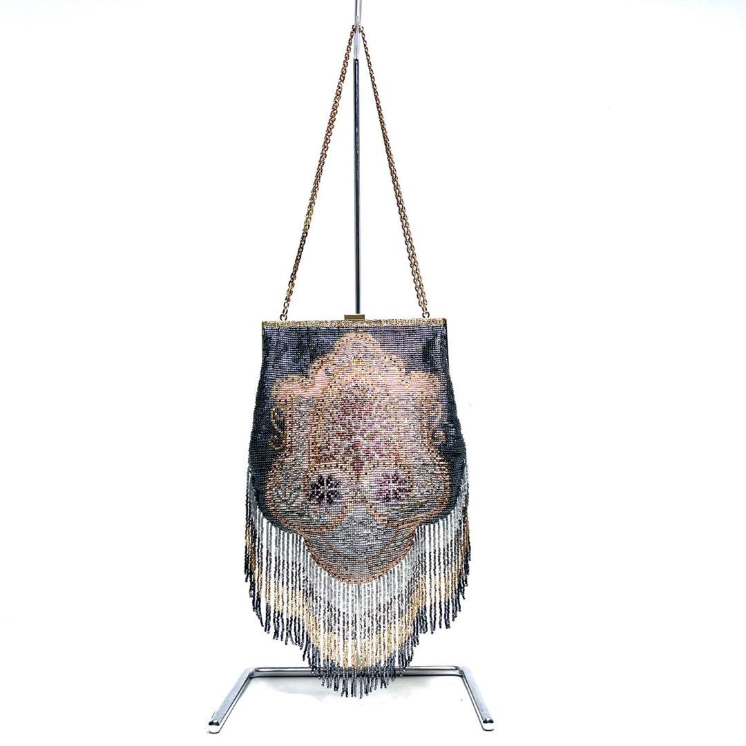 【美品】メタルビーズ刺繍 /デリカビーズ・フリンジ/ビーズバッグ/ハンドバッグ