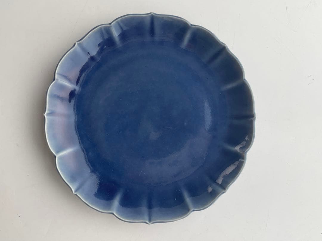 骨董　アンティーク　古伊万里　瑠璃　輪花皿　七寸皿　瑠璃釉　輪花縁
