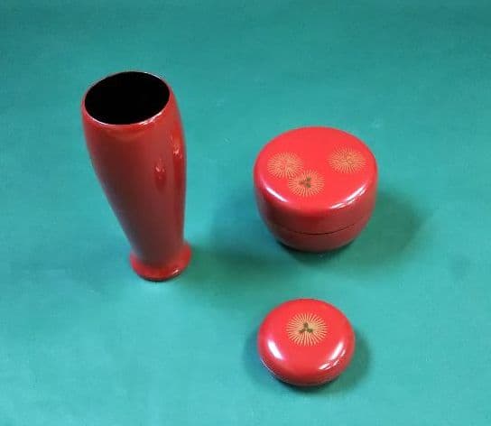 茶道具 茶箱 三品セット 朱塗 唐松 蒔絵 木製 新品 平棗 茶筅筒 香合