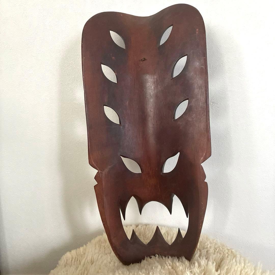 木製彫刻マスク ダークブラウン　インドネシア　お面　お土産　ヴィンテージ
