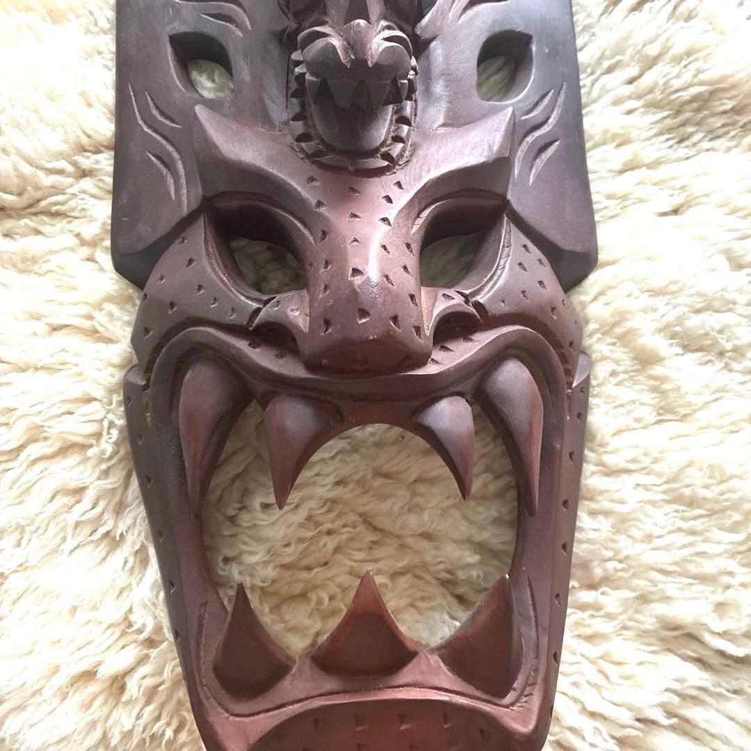 木製彫刻マスク ダークブラウン　インドネシア　お面　お土産　ヴィンテージ