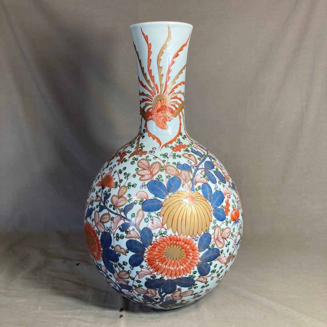 【源右衛門】古伊万里の伝統　日本の名窯　舘林源右衛門作　染錦菊牡丹鳳凰文　大花瓶