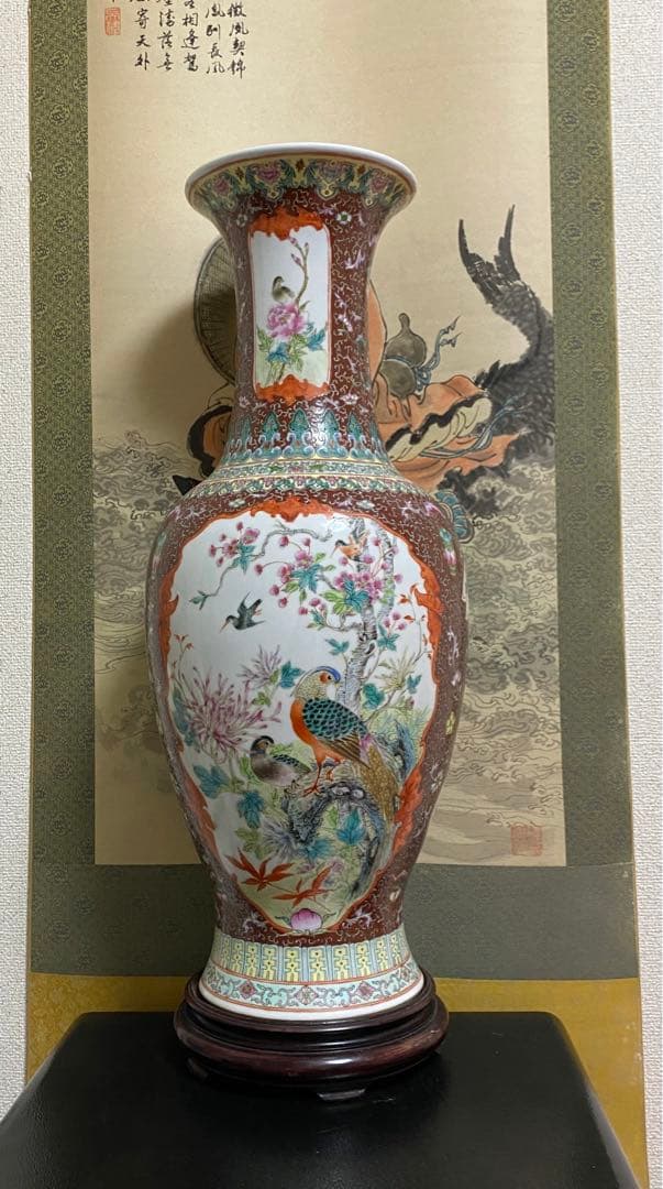 清朝　唐物　大清乾隆年製　彩色花鳥図花瓶　花器　骨董品　壺　古美術品