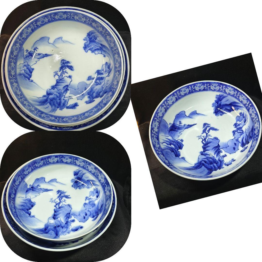 古伊万里 染付三つ鉢 山水風景文 手描き 明治骨董 古美術品 蒐集家放出美品