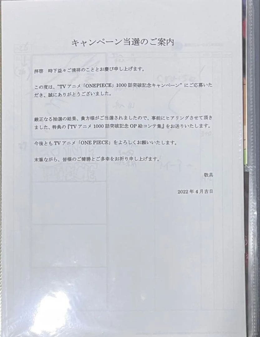 ！非売品！ ONE PIECE 絵コンテ OP ワンピース キャンペーン 当選品