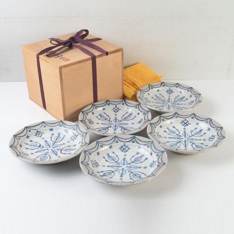 京焼　新開寛山作　染付　皿　五客　共箱　V　9671