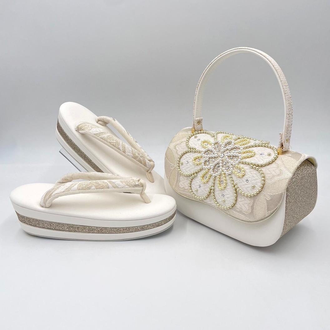 豪華ビーズパール刺繍 西陣帯地　本格カブセ　振袖バッグ草履セット 　アイボリー