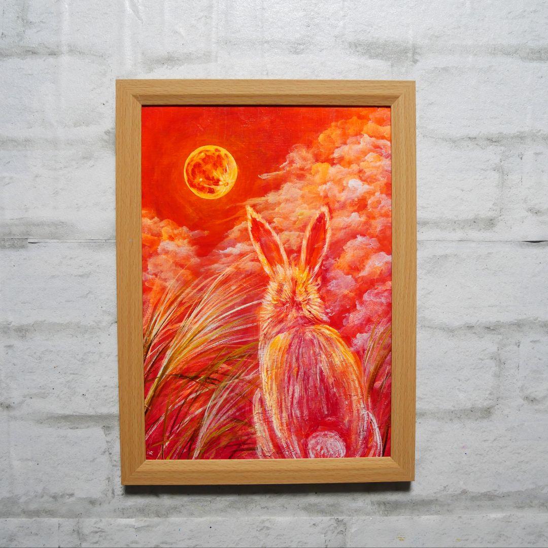 油絵 油彩 油彩画 絵画 絵【オレンジの月うさぎ】