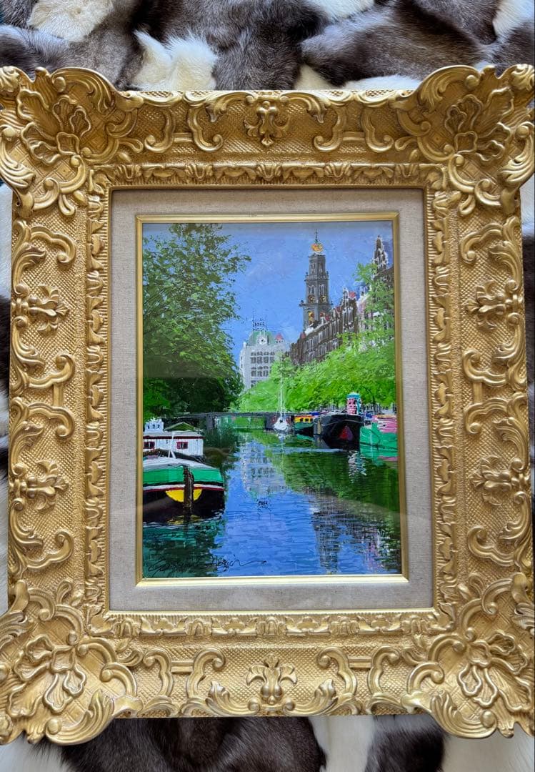 真作　小田切訓「塔のある運河」キャンバスに油彩 F4号　額装・タトウ箱・黄袋付き