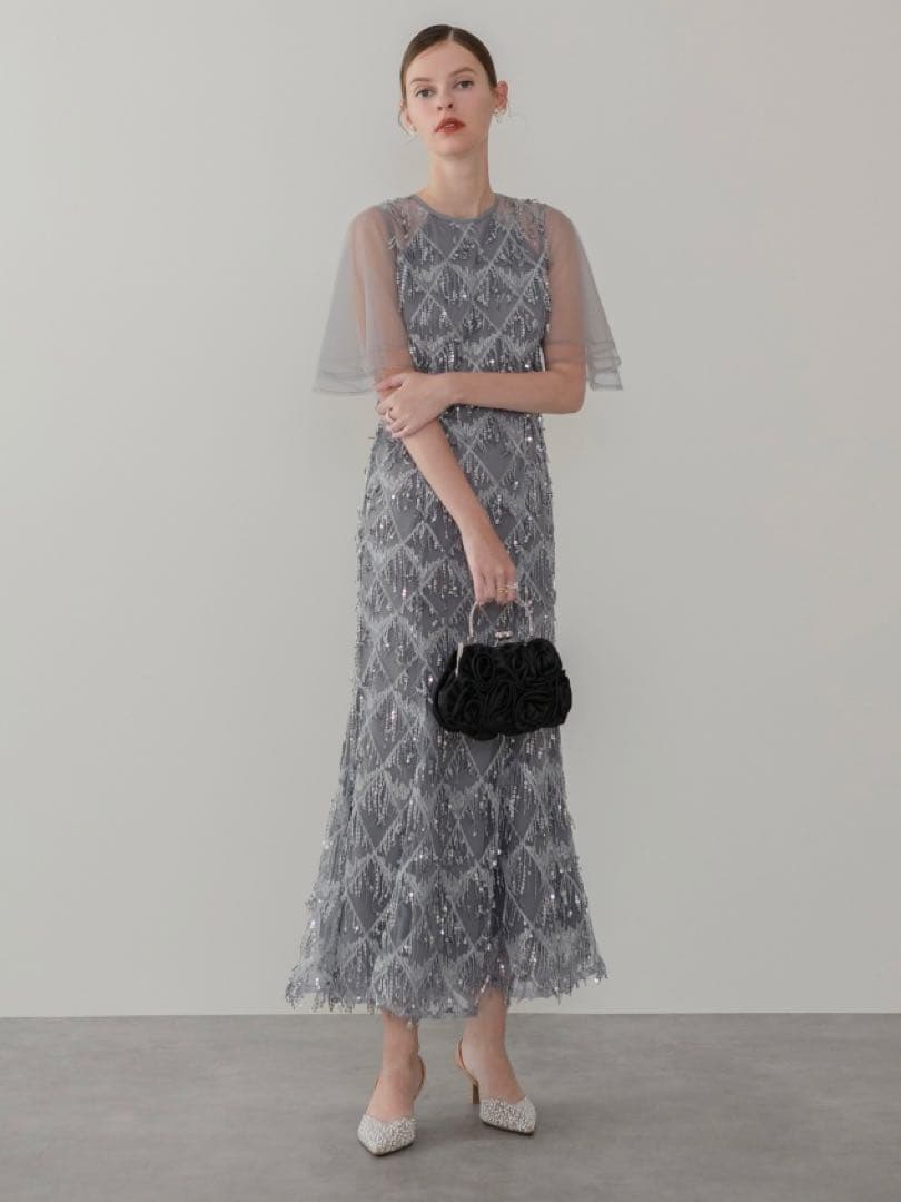 チュールスリーブスパンコールマーメイドワンピースドレス結婚式パーティー成人式