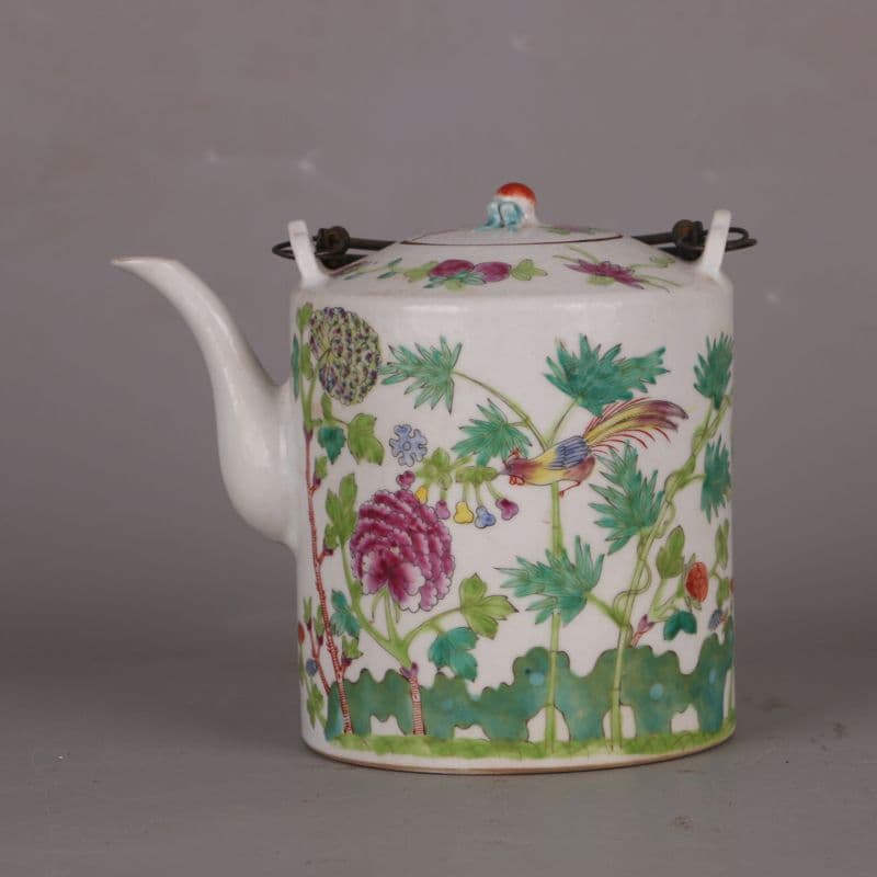 彩花鳥提梁壺 茶壺 茶道具 茶器 工芸品 美術品 置物