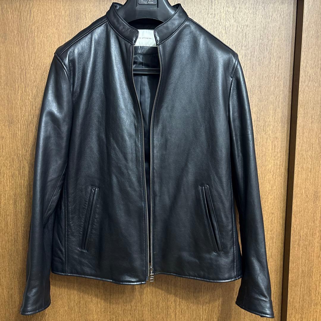 [ナノ・ユニバース] バンドカラー レザー シングル ライダースジャケット