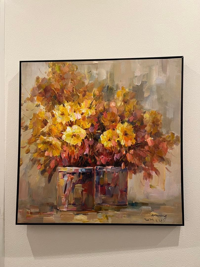 花瓶の花 油彩画 黒いフレーム