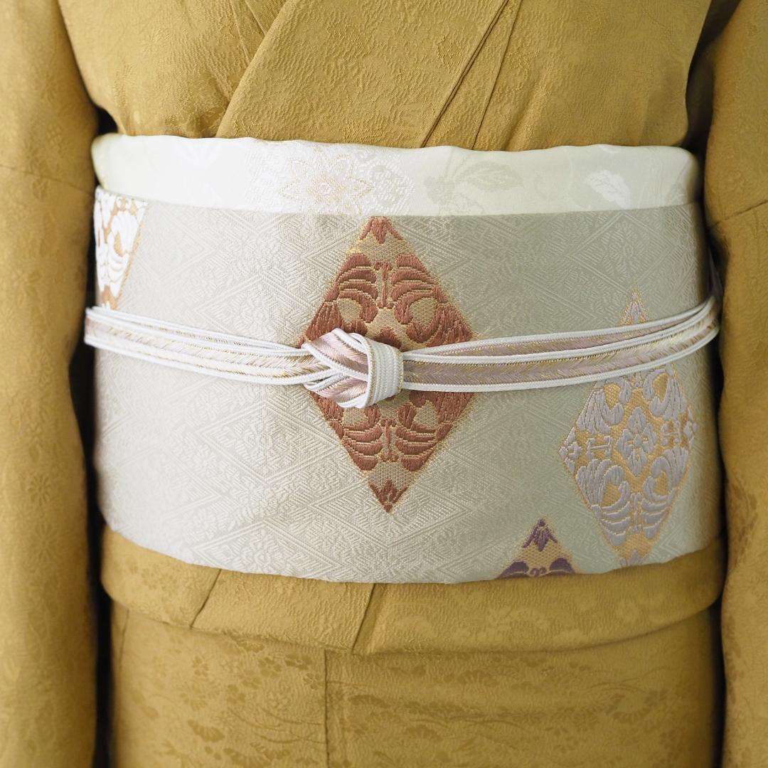 【帯】【袋帯】薄うぐいす地 菱型 吉祥文 三越扱い No.14