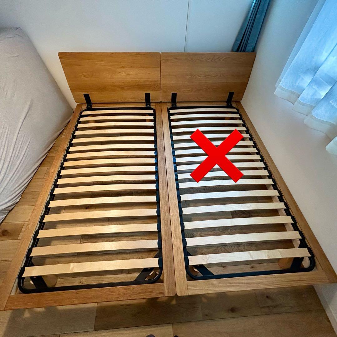 無印良品　木製ベッドフレーム シングル　オーク　脚付　ヘッドボード付　(左)