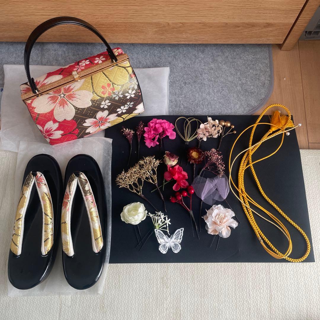 花柄バッグと草履、髪飾りセット