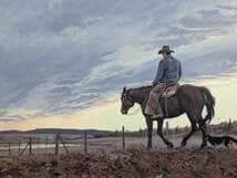 【真作】絵画　油彩　夕暮れのカウボーイと馬　牧場風景　ウエスタンアート　Y183