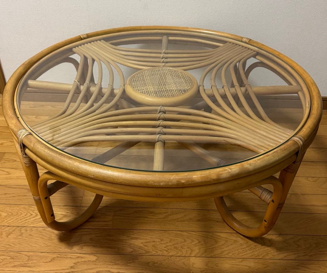 昭和レトロ ヴィンテージ ラタンラウンドテーブル 籐家具 ガラス天板