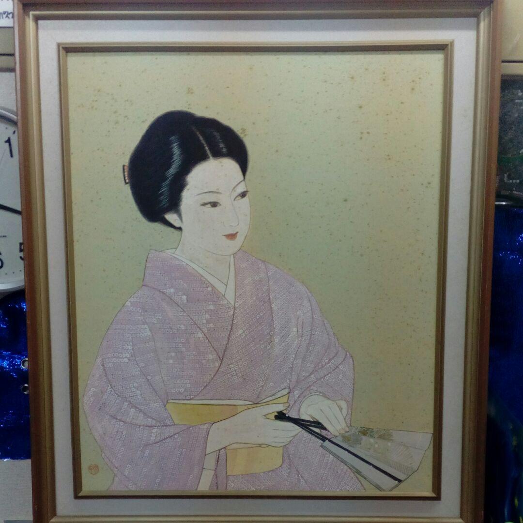 大型９０✕７８センチ手描き額装日本美人画旧家蔵出し作者不詳ヴィンテージ絵画当時物