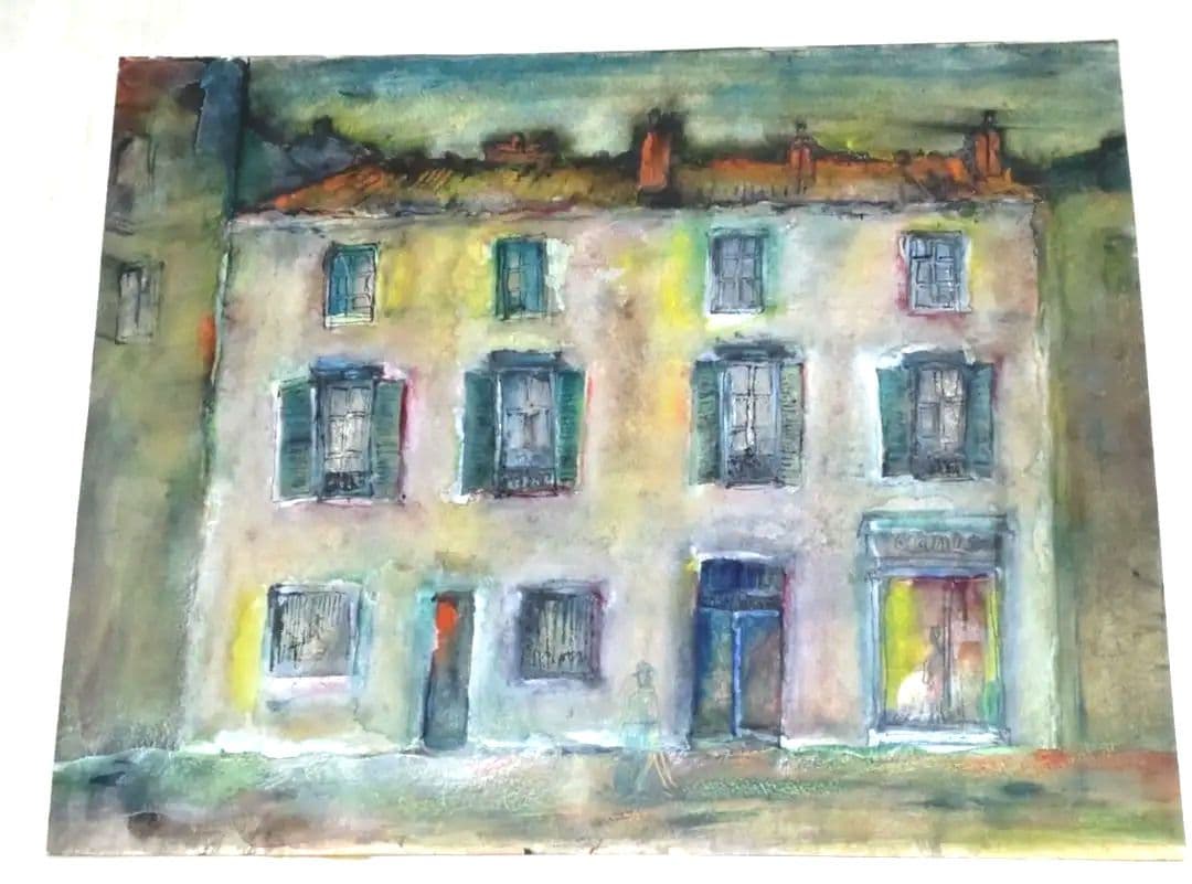 名画 絵画 松岡眞サイン付 「鎧戸のある建物 」