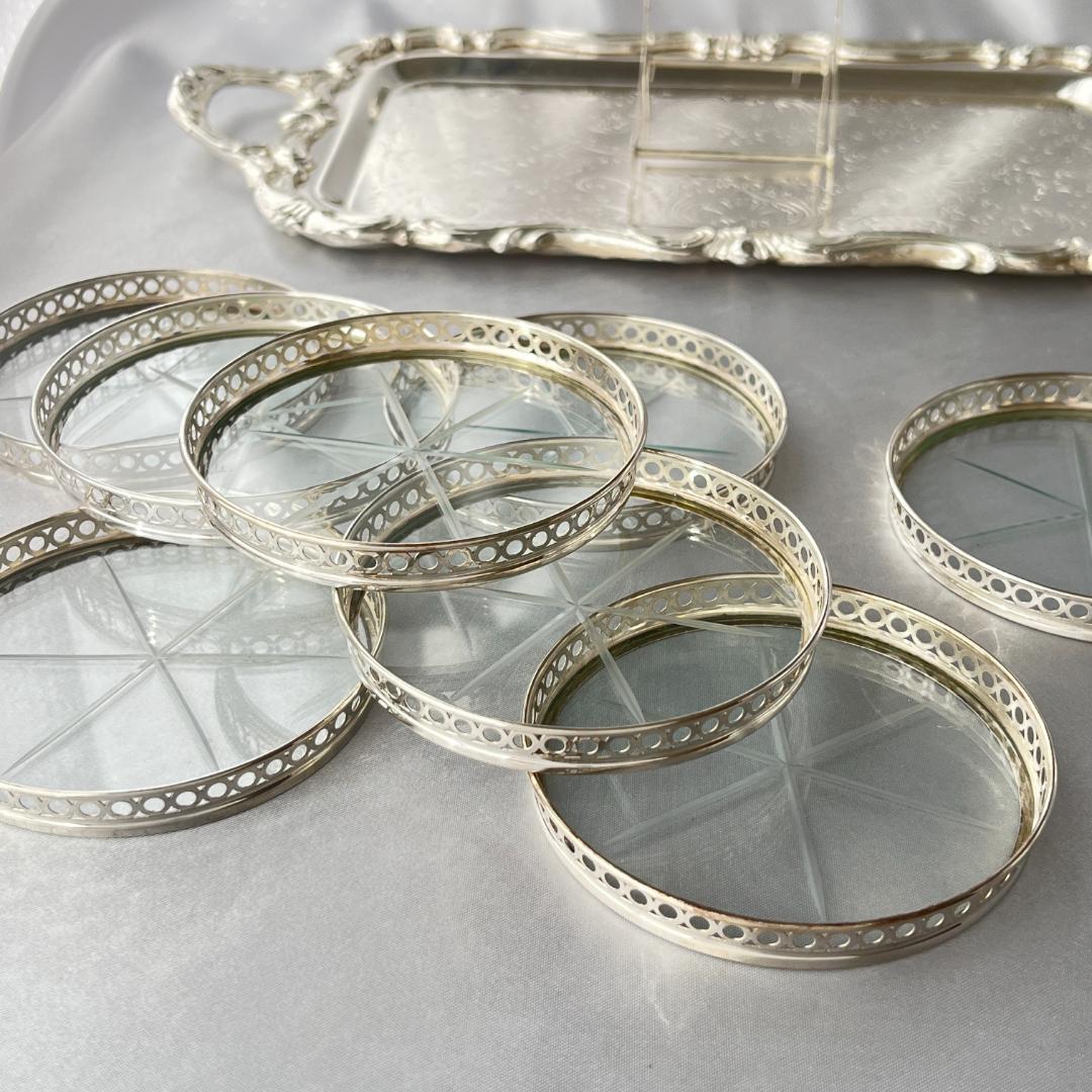 【Webster】ワイングラスコースター 8枚【純銀 / ガラス】 ホルダー