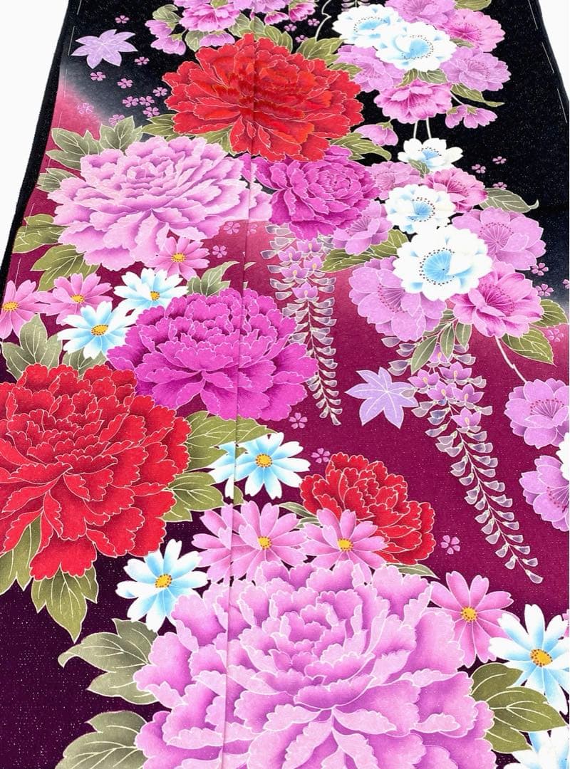 振袖 仮絵羽 銀通し 刺繍 紋意匠 牡丹 藤 正絹 未仕立て品 八掛付き