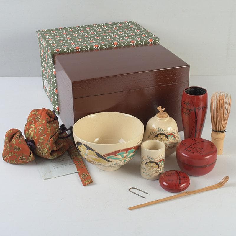 茶道具　利休茶箱　京焼　加藤昌山作　茶碗　振出など　八点一式　仕覆付　M9579