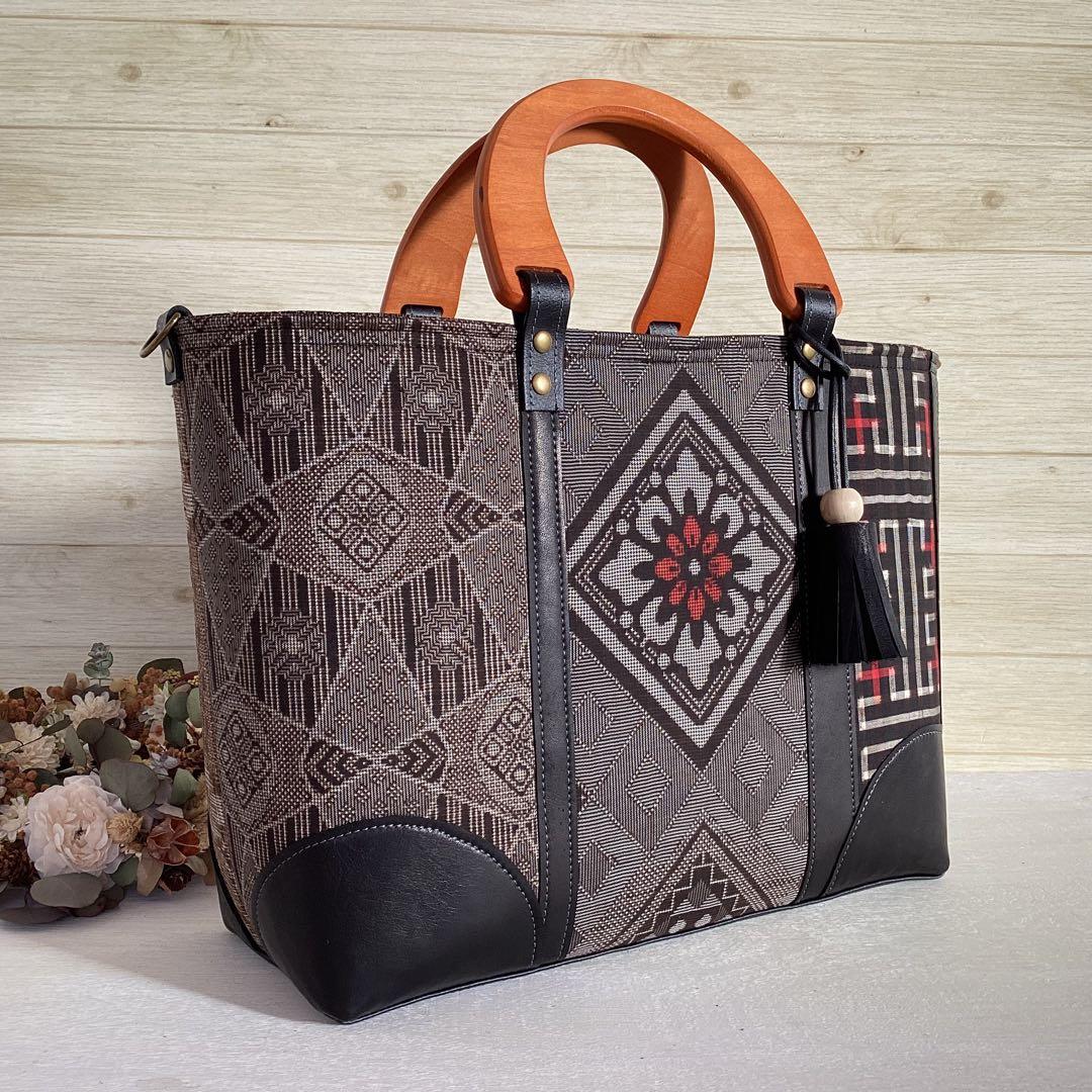 着物リメイク 大島紬 秋名バラ 龍郷 本革 和装バッグ ハンドメイド 古布