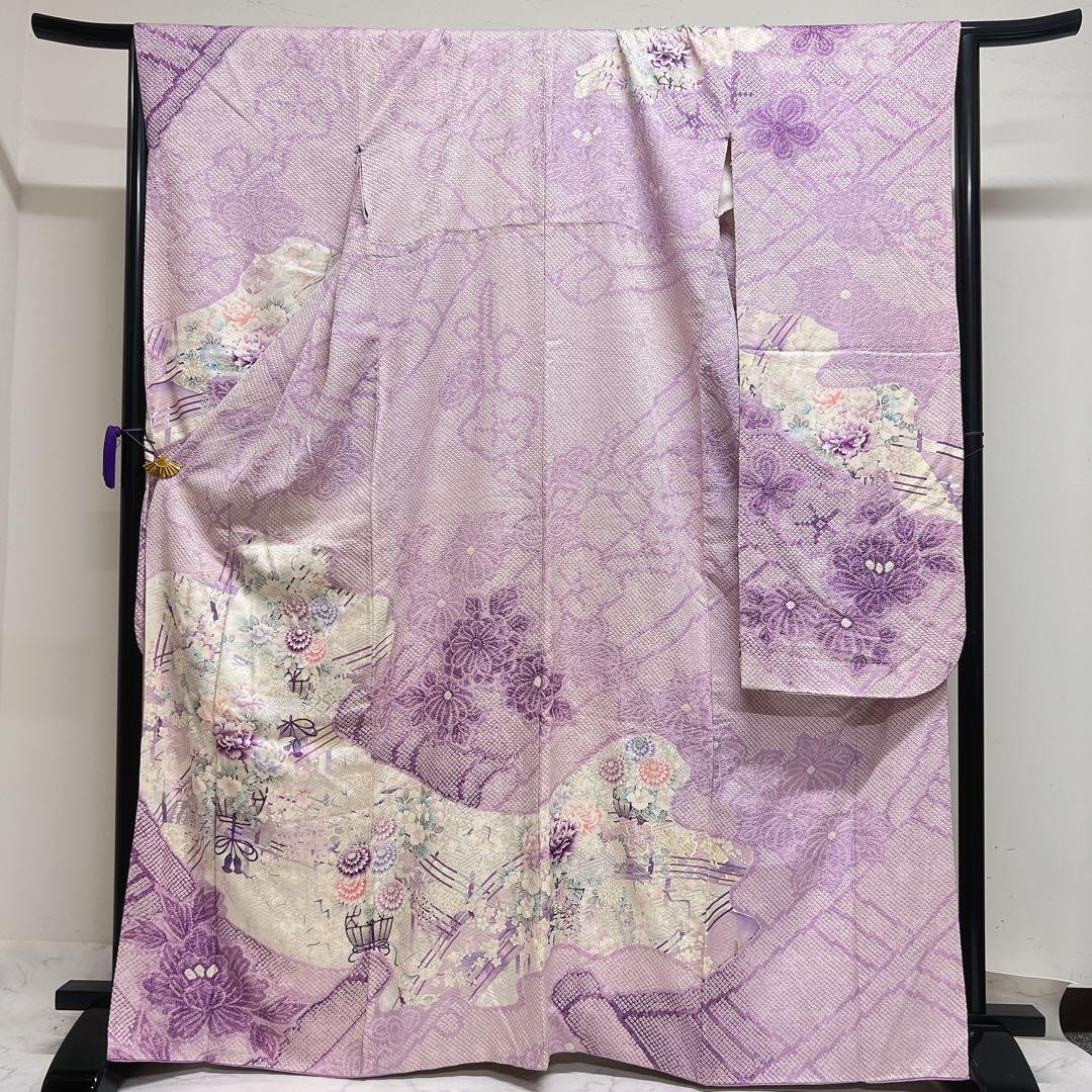 振袖　総絞り　銀彩　牡丹　梅花　薄紫　成人式　着物　125tz