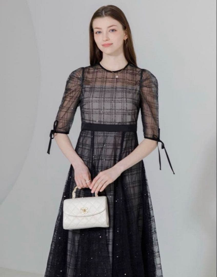 leja チェックスパンコールリボンワンピースドレス結婚式 パーティー 二次会