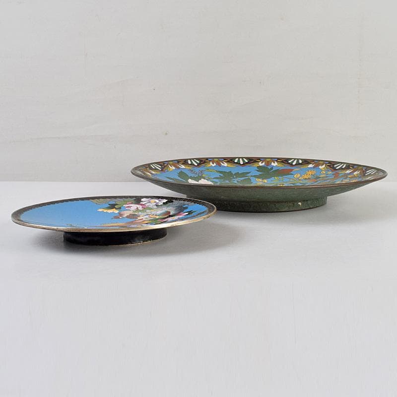 中国　古七宝琺瑯彩　七宝焼　安藤七宝店　盤　皿　2点　時代箱付　M　R9532B