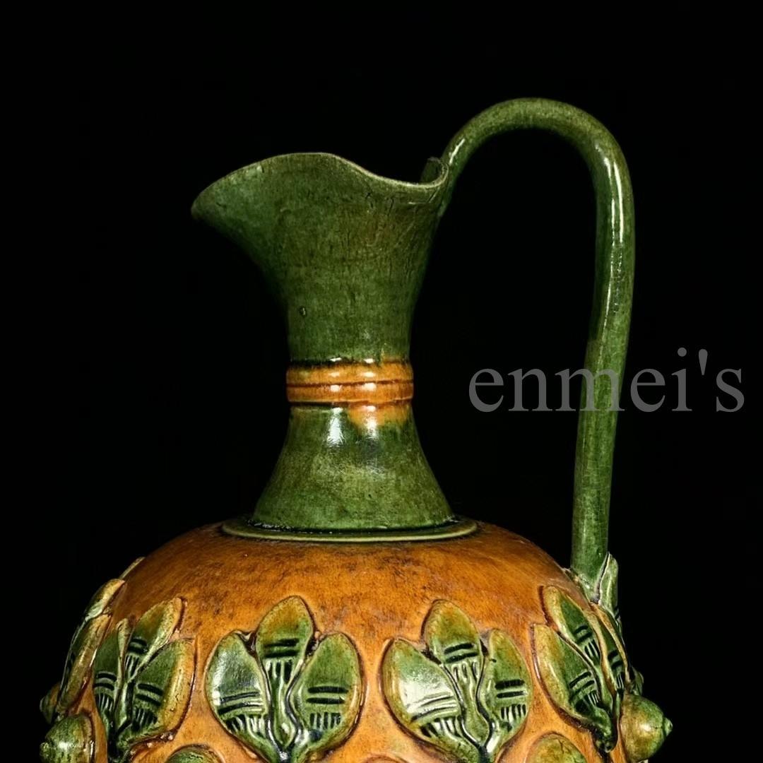 中国古美術 【唐三彩】 陶器製 花卉彫刻 植物文様 彫刻細工 壺 花器 古陶磁