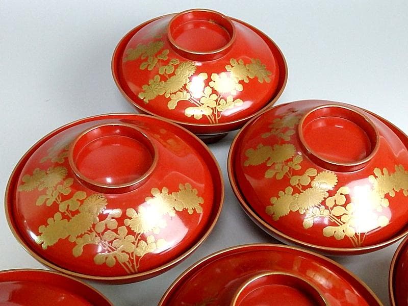 金蒔絵　 小菊の図　 朱塗吸物椀　木製品　６客　A- GGm