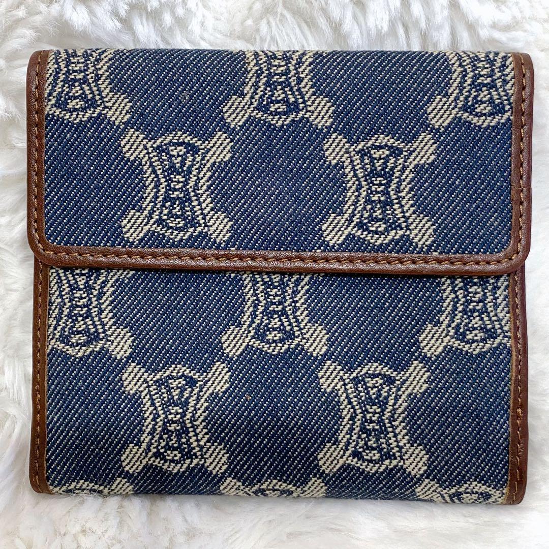 CELINE 二つ折り財布 デニム インディゴ レザー トリオンフ キャンバス