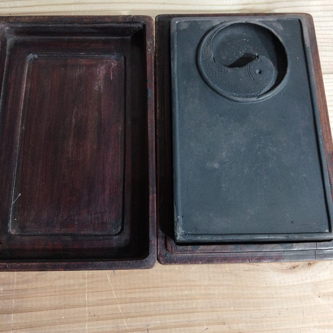 木製 硯箱 魚の彫刻 硯