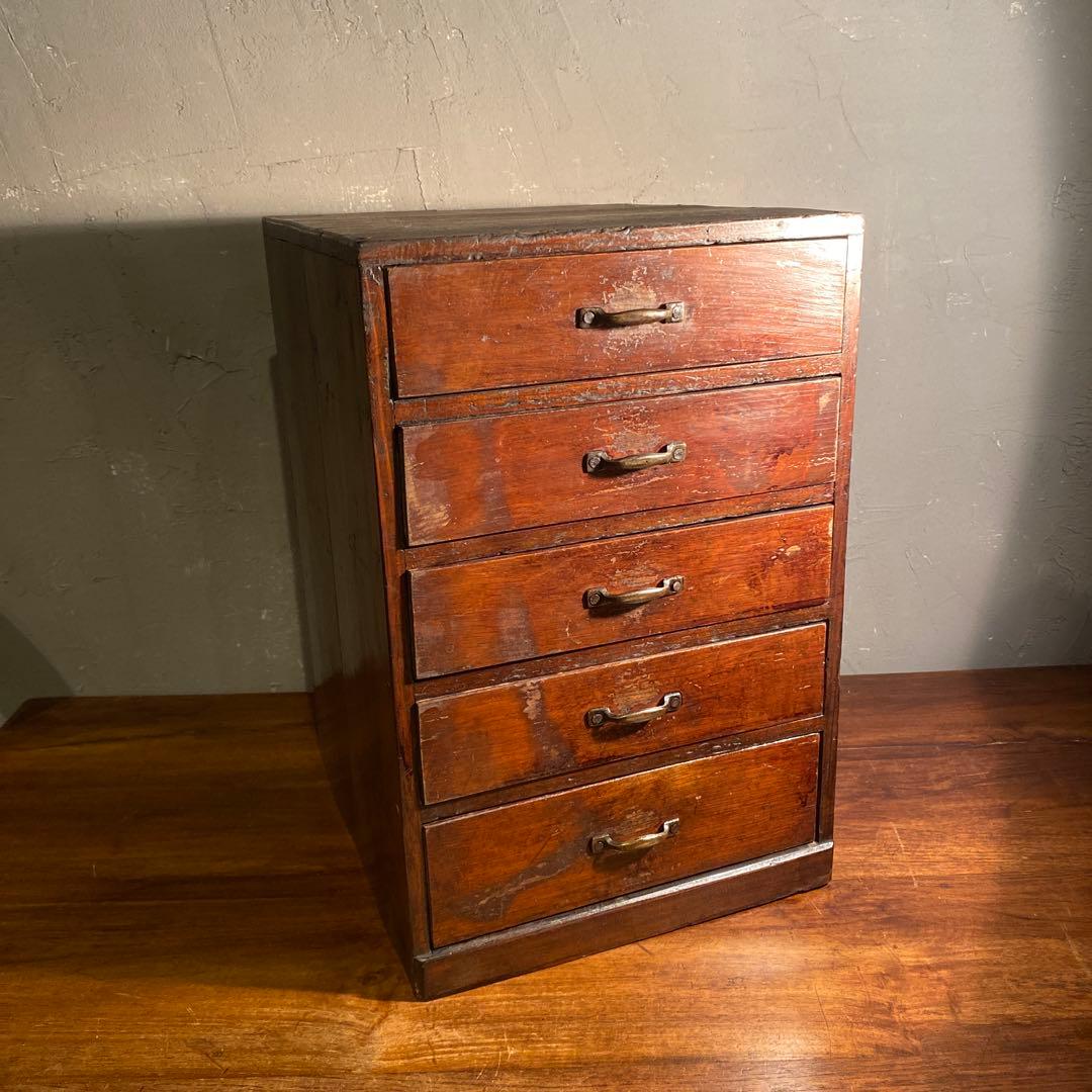 時代物 虫喰い 五段小引き出し 大正 昭和初期 小家具 古民家 骨董品 時代箪笥