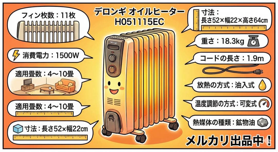 【説明書付】デロンギ オイルヒーター H051115EC 1500W 暖房