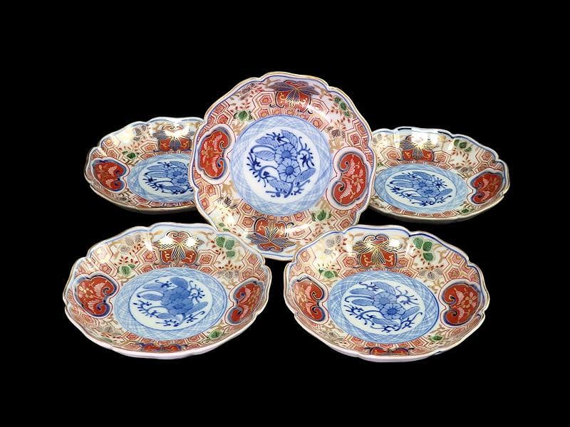 大聖寺伊万里　金襴手　草花に亀甲紋の図　４寸皿　５枚　233AS-CVy