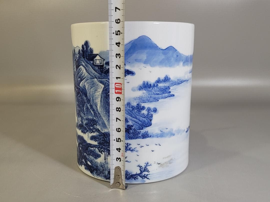 中国 染付 山水画 筆筒 光緒年製 書 文房具