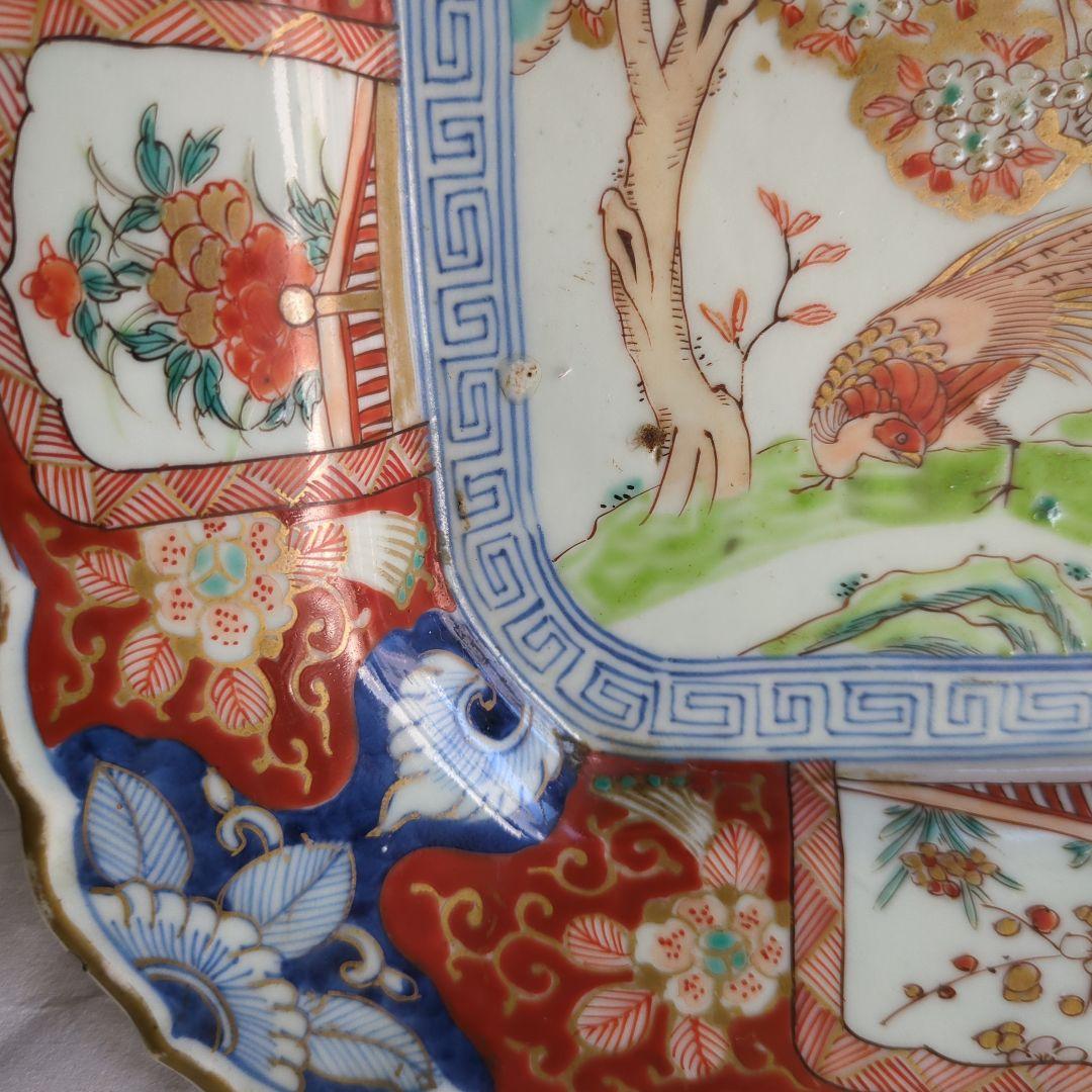 骨董 古伊万里 角皿 輪花 手描き 花鳥図 平鉢 大皿 陶器 飾り皿