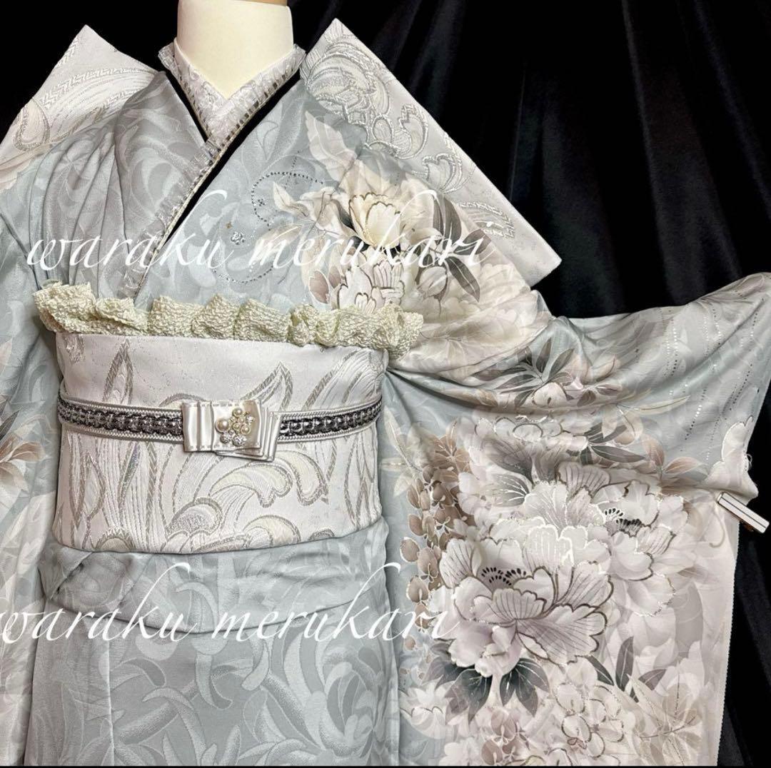 ♦︎くすみ水色♦︎銀彩加工♦︎豪華刺繍♦︎牡丹紋♦︎成人式♦︎