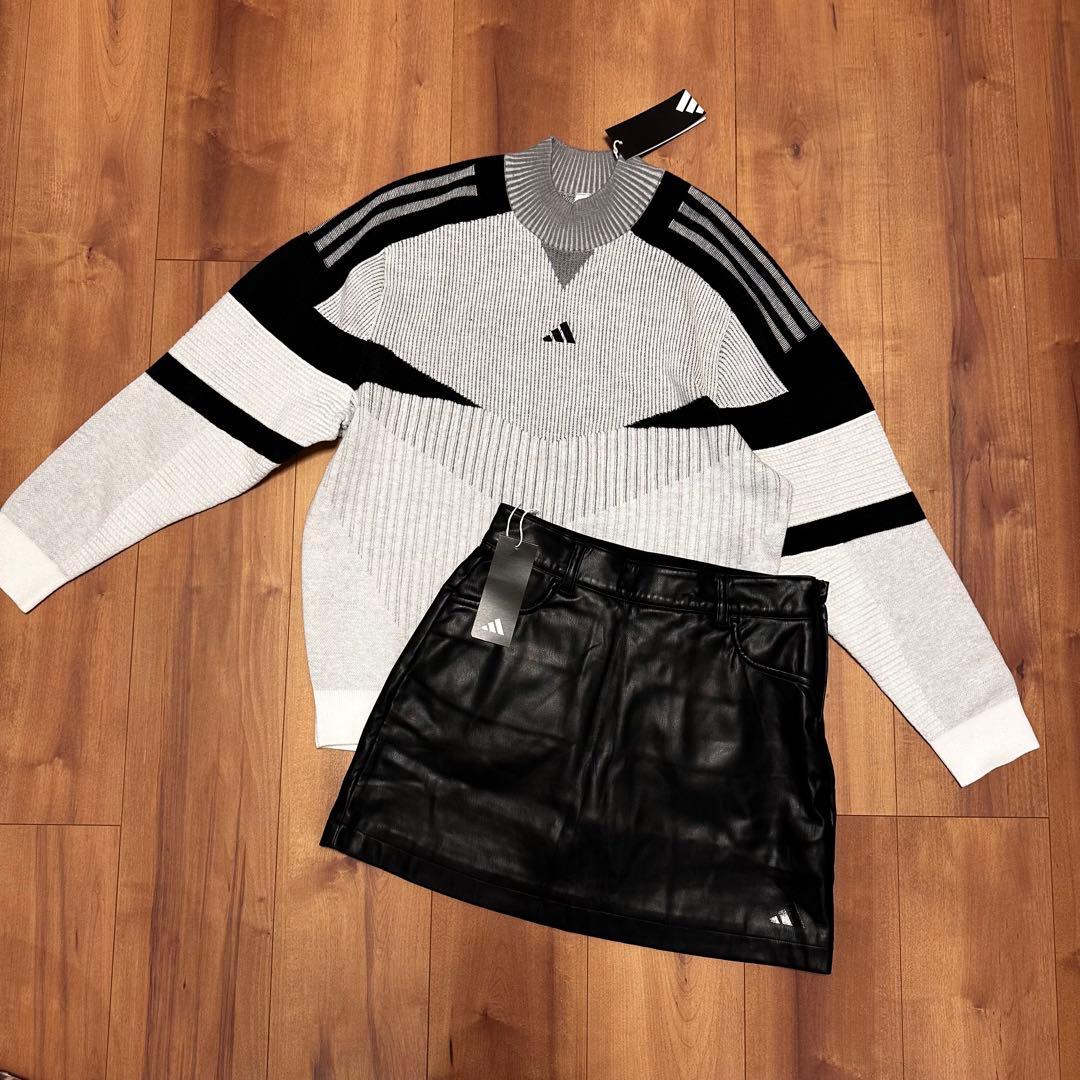 モックネック　ビックシルエット　長袖　ニット　レザースカート　セットアップ　秋冬