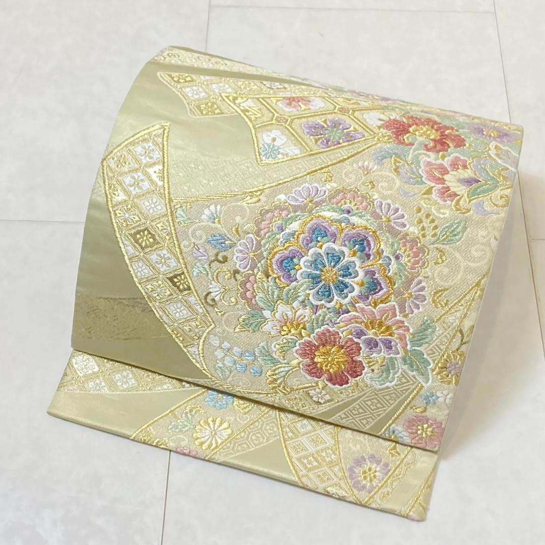 桂由美 やまと誂製 唐織 華紋 熨斗 袋帯 正絹 金 黄緑 白 紫 ピンク711