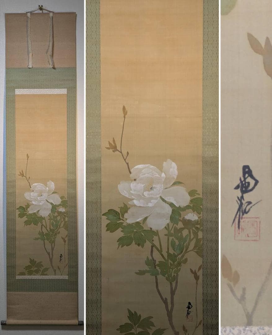 【真作】掛軸　尾竹国観　白牡丹図　気品あふれる花鳥画　繊細な筆致　T36