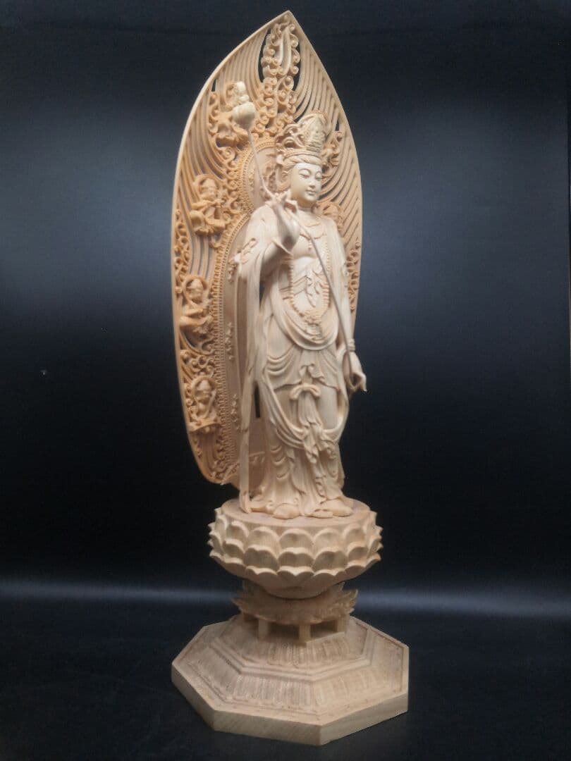 【修縁堂】仏像 阿弥陀三尊 日光菩薩 観音菩薩 八角蓮華丸台座 木彫り 無病息災