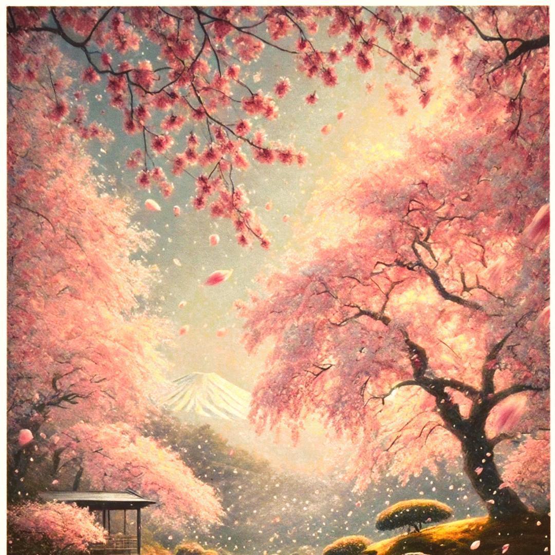 和紙にAIアート和歌日本桜富士山●がんどうあつし制作●A3パネル額装品7枚限定