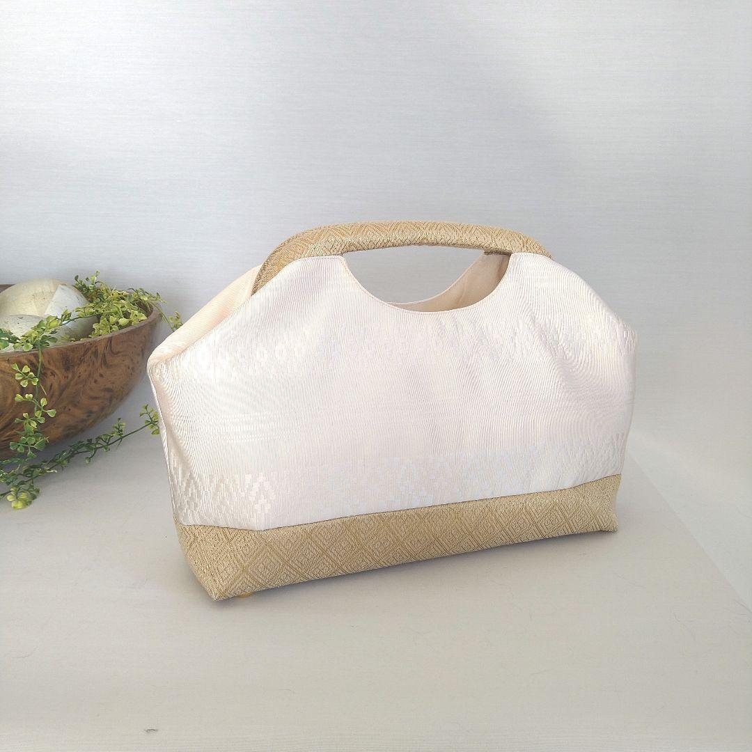 博多献上柄帯リメイク オフホワイト✕ゴールド バネハンドルバッグ